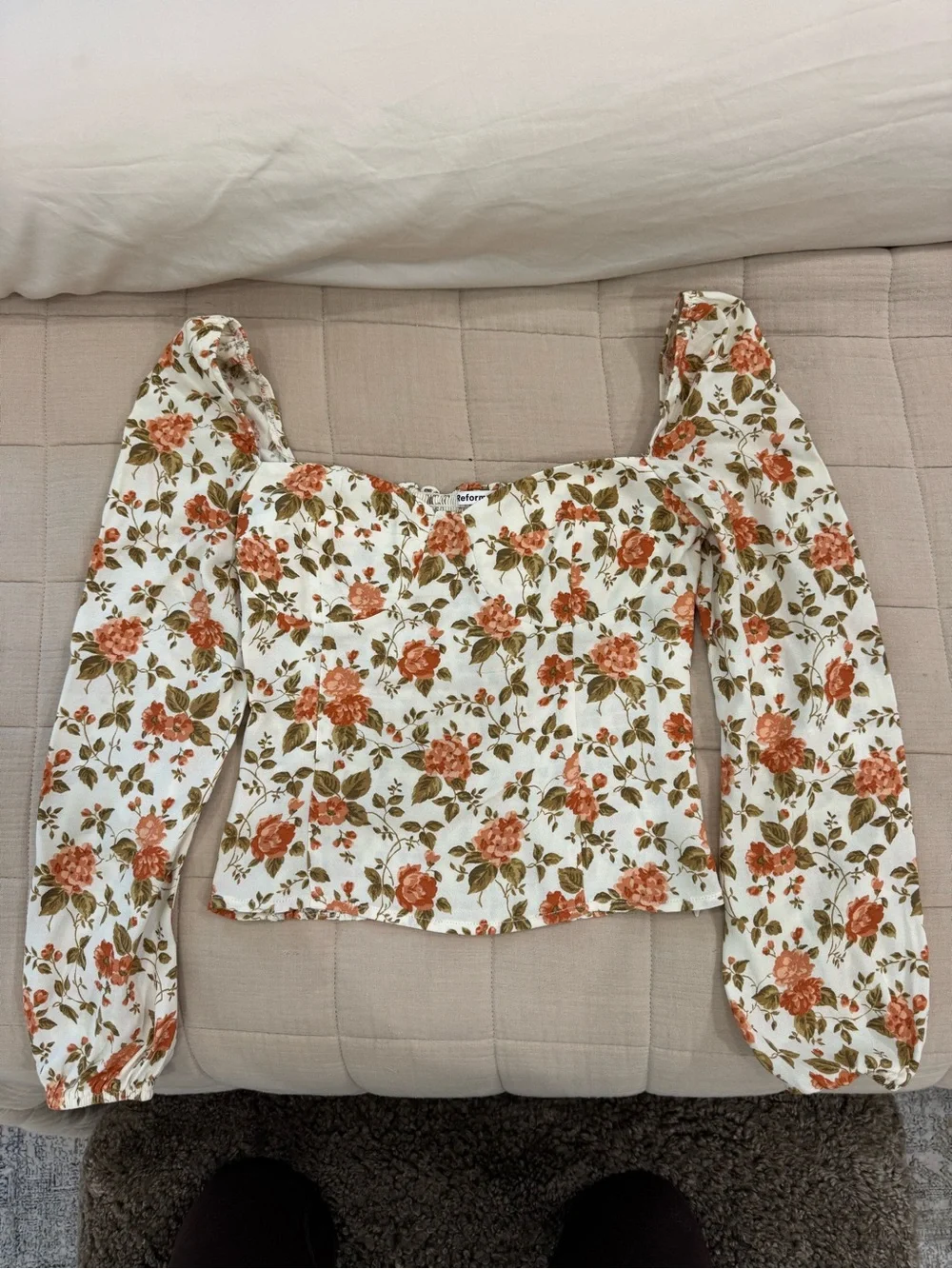 Reformation Floral Sweetheart Puff-Sleeve Top in Cream and Coral